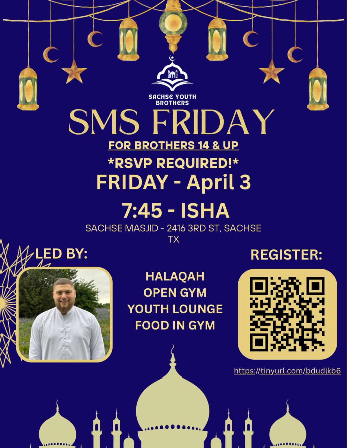 SMS Friday (Brothers 14+) — Halaqah + Open Gym + Youth Lounge